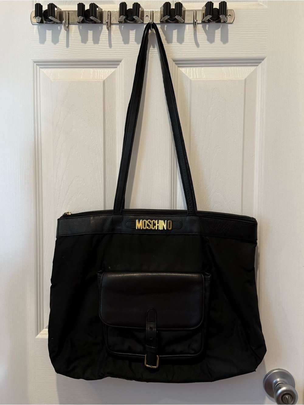 Moschino Black Tote Laptop Bag with Gold Logo